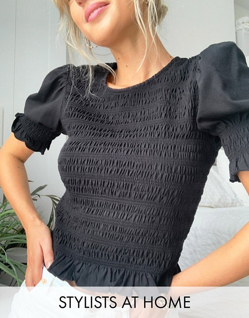 & Other Stories organic cotton smocked puff sleeve top in black
