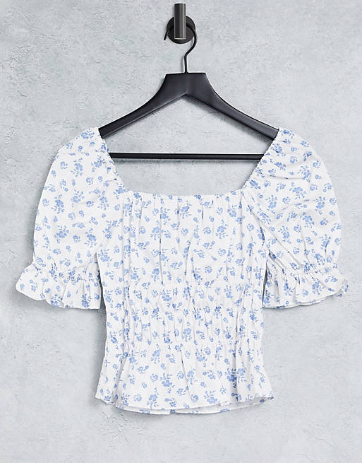  & Other Stories organic cotton square neck puff sleeve top in ditsy floral 