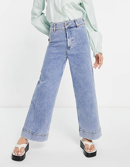 & Other Stories cotton stitch detail wide leg jeans in blue - MBLUE