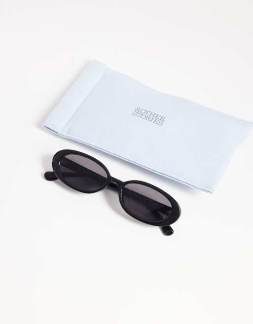 & Other Stories oval slim fit sunglasses in black with linen pouch case, 3 of 3