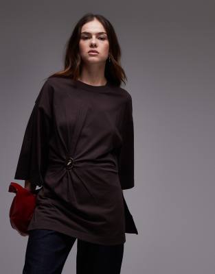 & Other Stories oversize jersey top in brown with asymmetric gold clasp detail