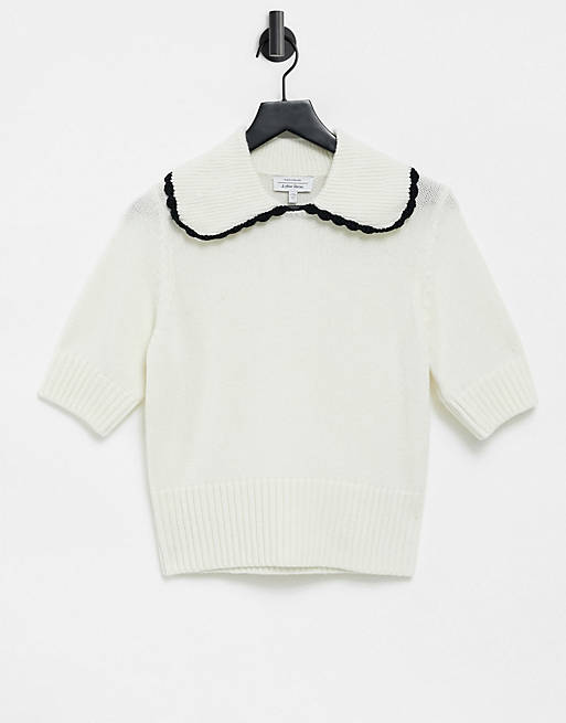 & Other Stories oversized collar short sleeve knitted top in off white