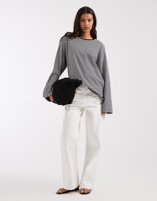 & Other Stories oversized long sleeve T-shirt in dark blue stripe, 3 of 4
