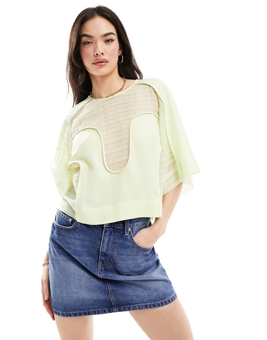 & Other Stories oversized woven crop top with sheer cut-out detail in light green