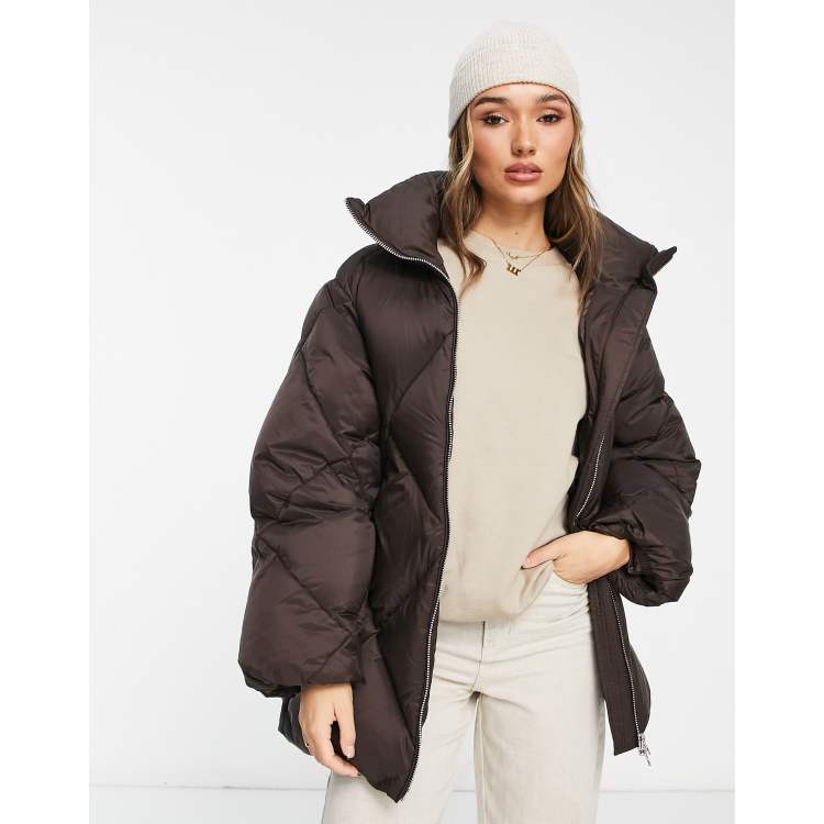 Quilted Hooded Winter Jacket with Ruched Belt