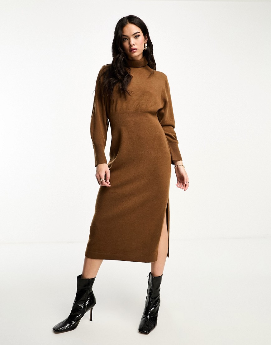 Other Stories &  Padded Shoulder Knit Wool Midaxi Dress In Brown