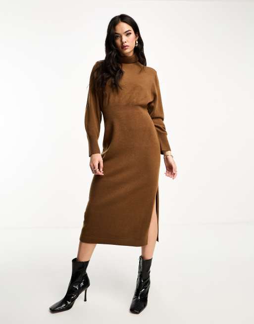 & Other Stories padded shoulder knit wool midaxi dress in brown | ASOS