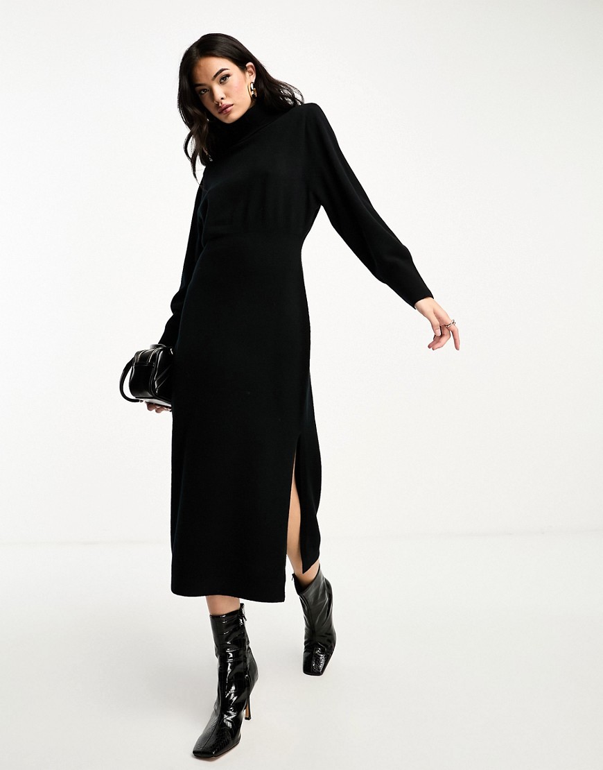 & Other Stories padded shoulder knitted wool midaxi dress in black