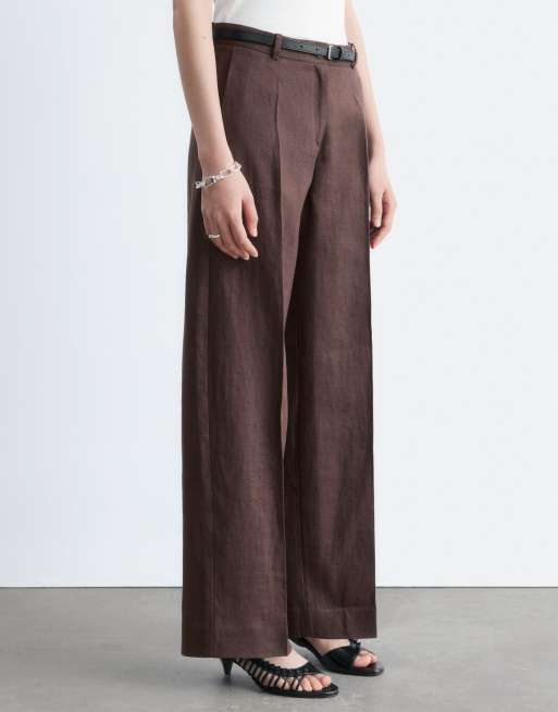 & Other Stories - Pantalones de sastre marrón chocolate de lino puro , 2 de 4
