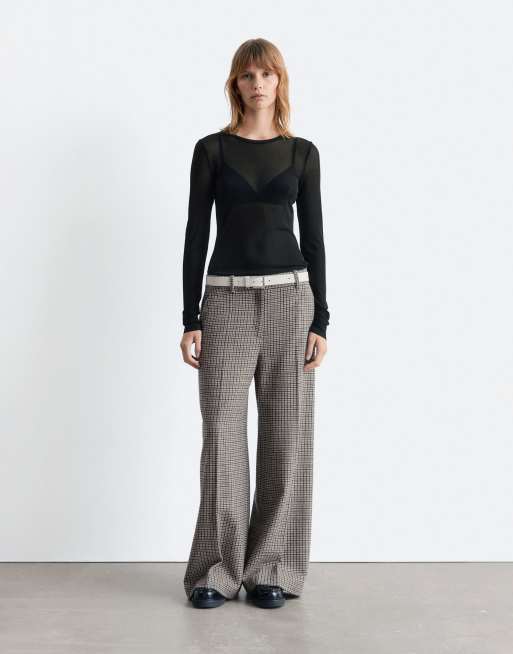 & Other Stories - Pantaloni a fondo ampio sartoriali beige scuro a quadri in lana in coordinato