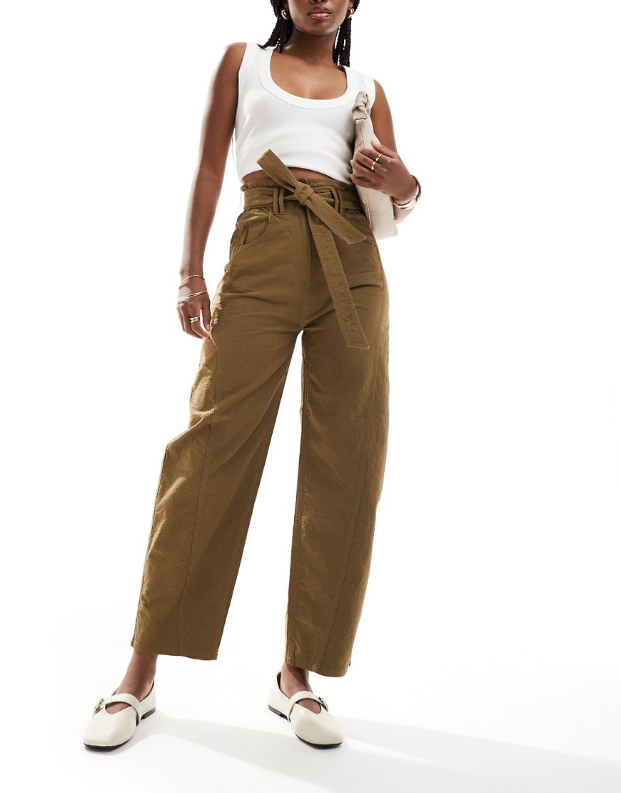 & Other Stories paperbag waist curved leg trousers in dark beige-Neutral