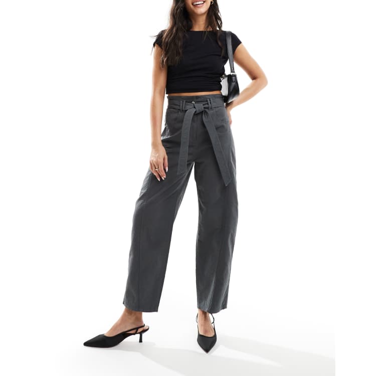 Other Stories paperbag waist curved leg trousers in grey ASOS