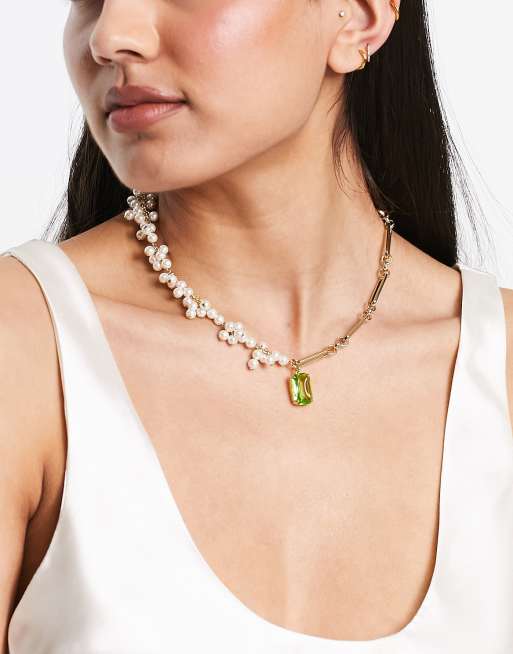 Green stone sale and pearl necklace