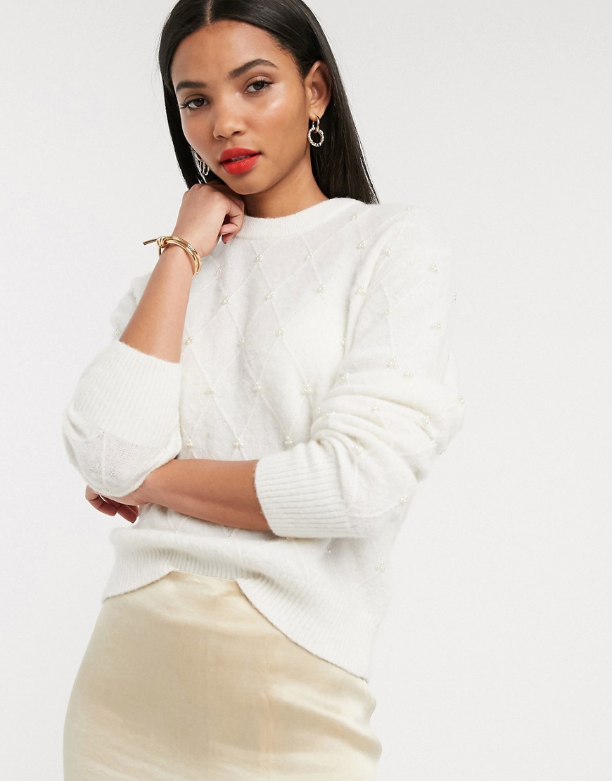 & Other Stories pearl embellished round neck jumper in off white-Cream