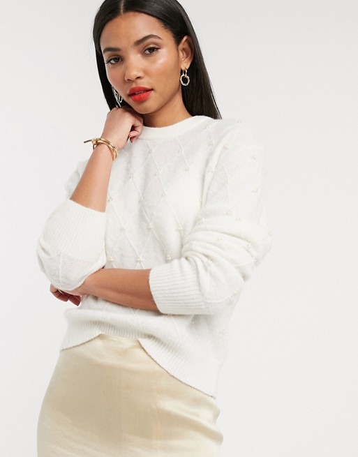 & Other Stories pearl embellished round neck jumper in off white
