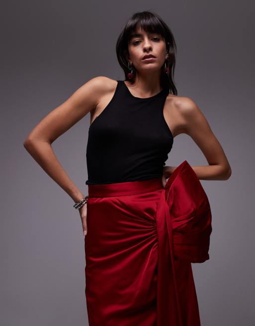 Other Stories pencil midi skirt with tie bow detail in red ASOS