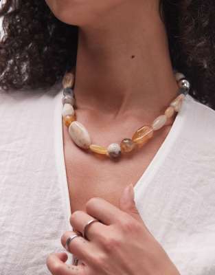 Collier Multirangs Perles Noires Avec Pendentif Résine Beige - Bijou Rétro Femme