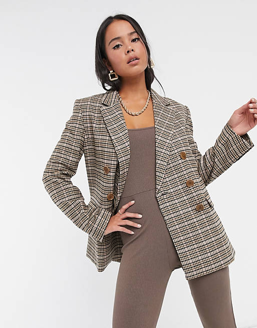& Other Stories plaid double-breasted blazer in beige