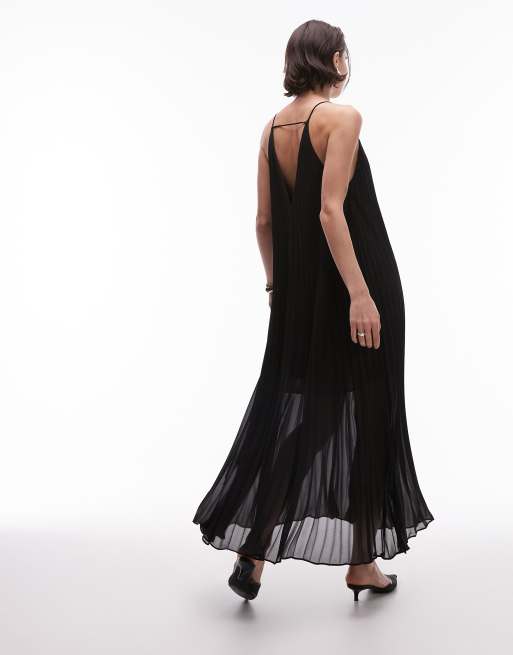 & Other Stories pleated chiffon maxi dress with deep v-back in black