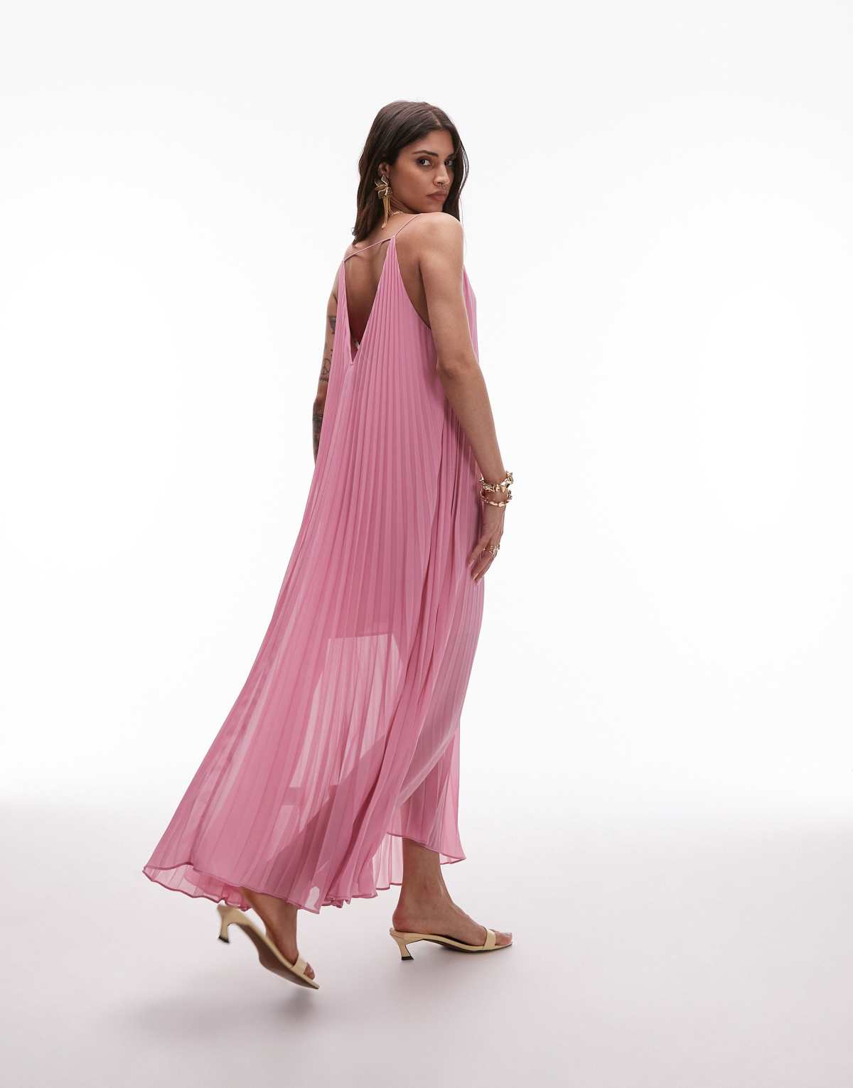 & Other Stories pleated chiffon maxi dress with deep v-back in pink