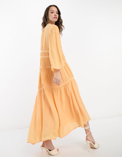 & Other Stories pleated chiffon midaxi dress in orange, 3 of 4