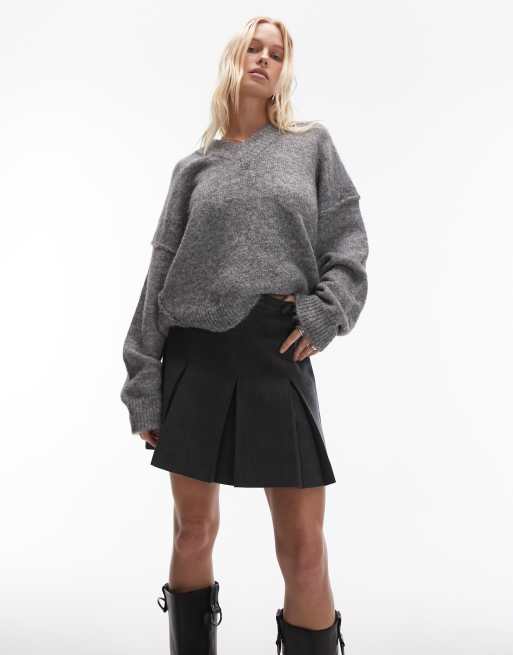 & Other Stories pleated mini skirt in grey herringbone
