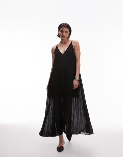 & Other Stories pleated chiffon maxi dress with deep v-back in black