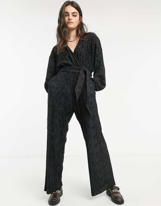 & Other Stories - Plissé jumpsuit met gestrikte taille in zwart