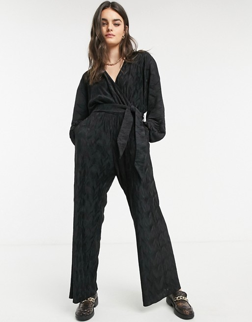 & Other Stories plisse jumpsuit with tie waist in black