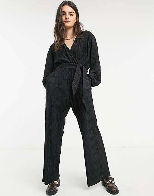 & Other Stories plisse jumpsuit with tie waist in black | ASOS