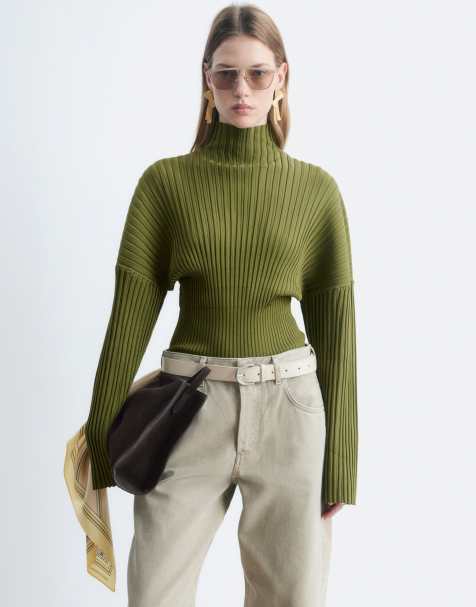 & Other Stories plisse knitted funnel neck jumper in olive green  - view 1