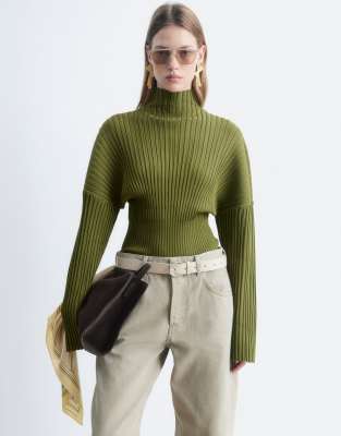 & Other Stories Plisse Knitted Funnel Neck Sweater In Green