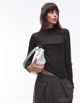 & Other Stories plisse mesh long sleeve top in black