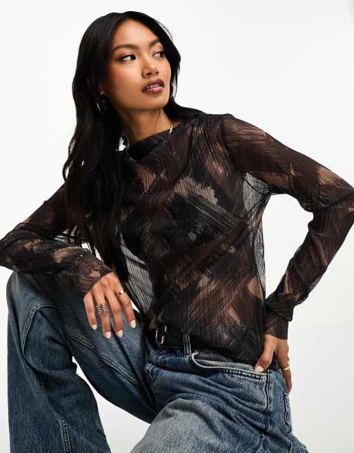 & Other Stories plisse mesh long sleeve top in brushed print