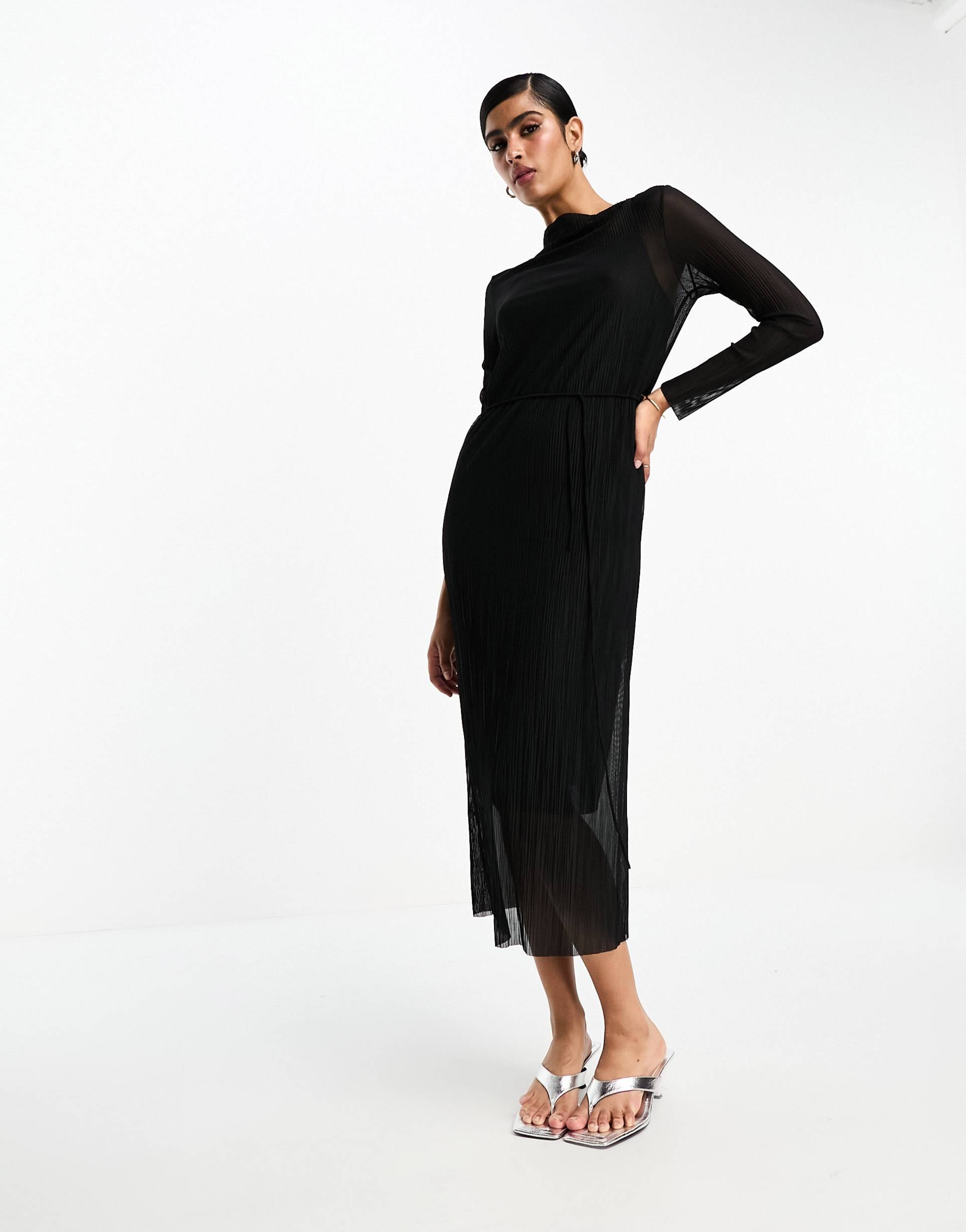 & other stories plisse mesh midi dress in black