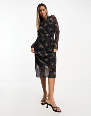 & Other Stories plisse mesh midi dress in brushed print-Black