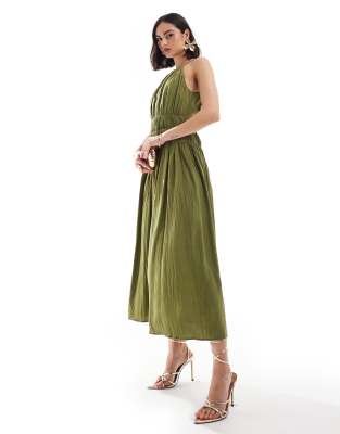 & Other Stories & Other Stories plisse midaxi dress with shirred detail in khaki green