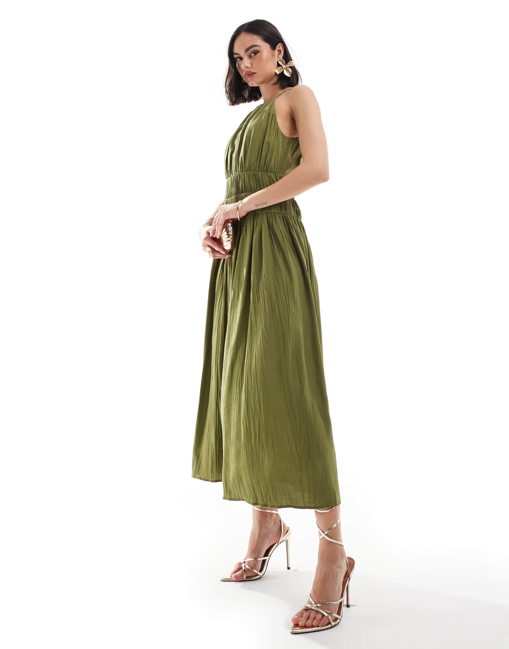 & other stories plisse midaxi dress with shirred detail in khaki green