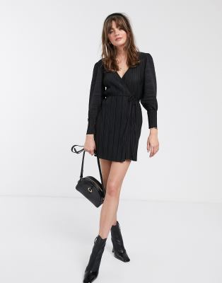 black plisse wrap dress