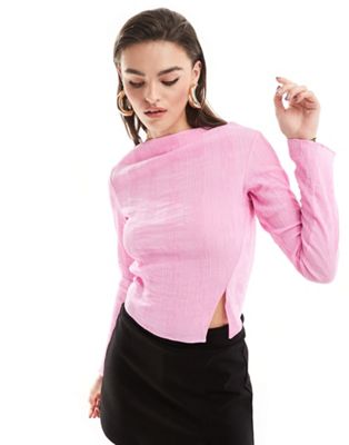 Other Stories &  Plisse Top With Split Detail In Pink Exclusive To Asos