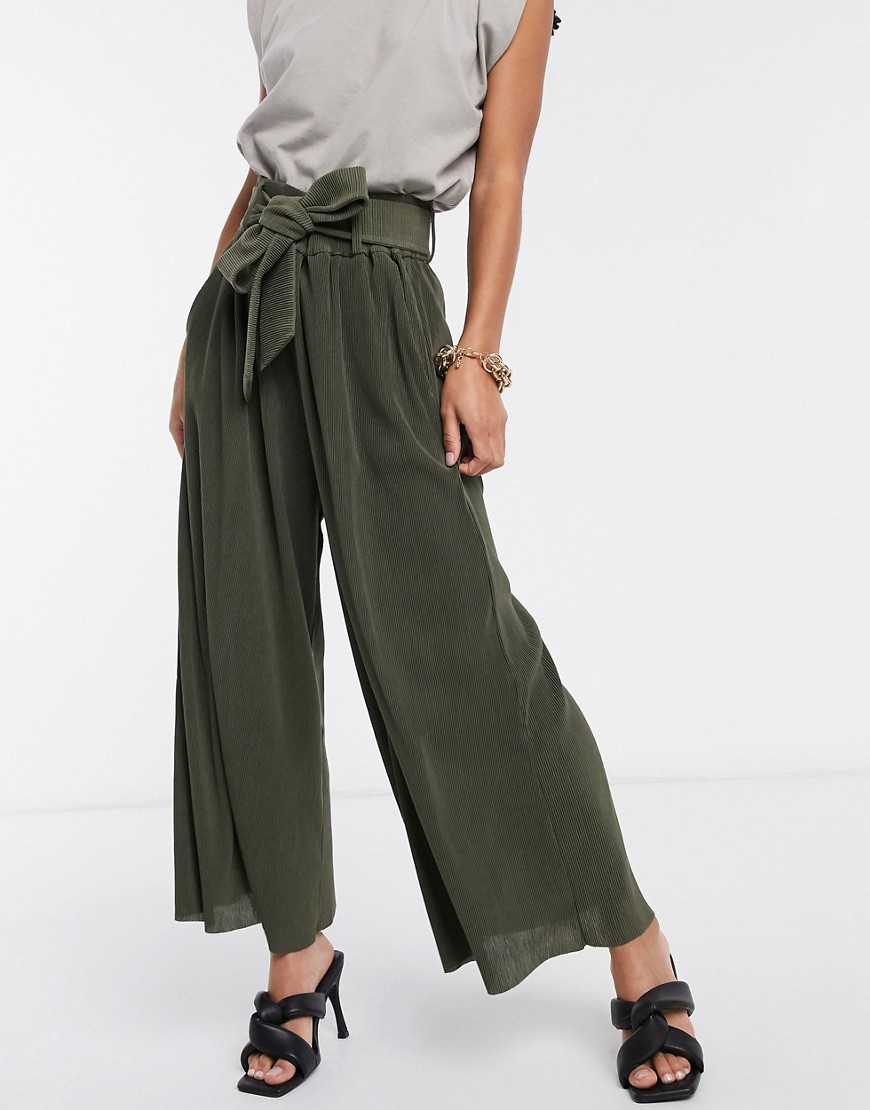 & Other Stories plisse wide leg pants with tie waist in khaki-Green