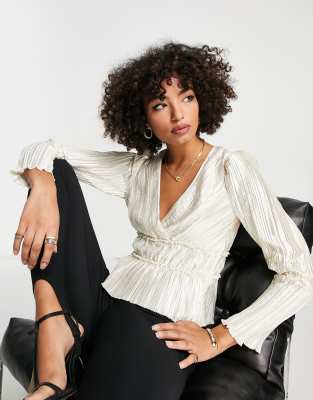 & Other Stories plisse wrap top in shiny off white