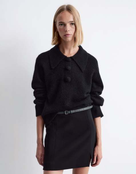 & Other Stories - Pluizige gebreide sweater van alpacawol met kraagje in zwart - view 1
