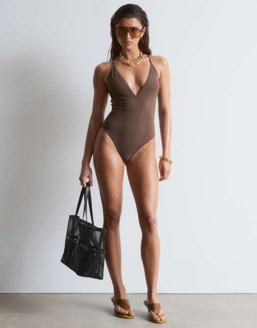 & Other Stories plunge swimsuit with cross back in brown, 3 of 4