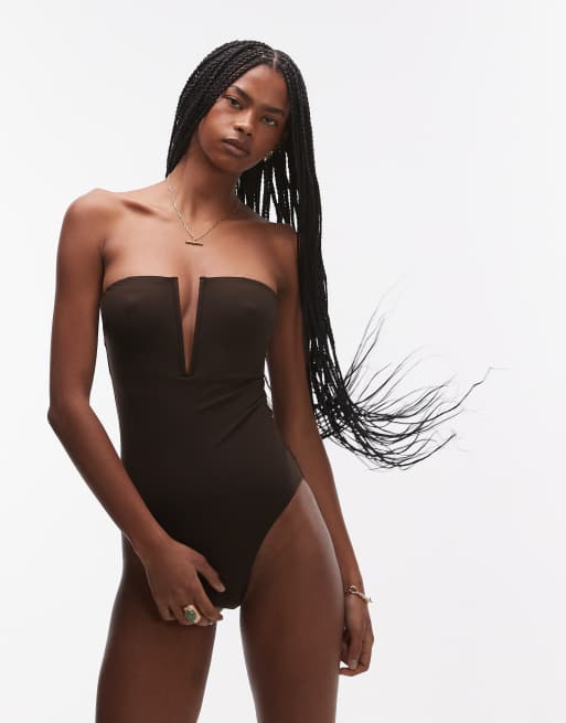 & Other Stories plunge swimsuit with detachable straps in dark brown