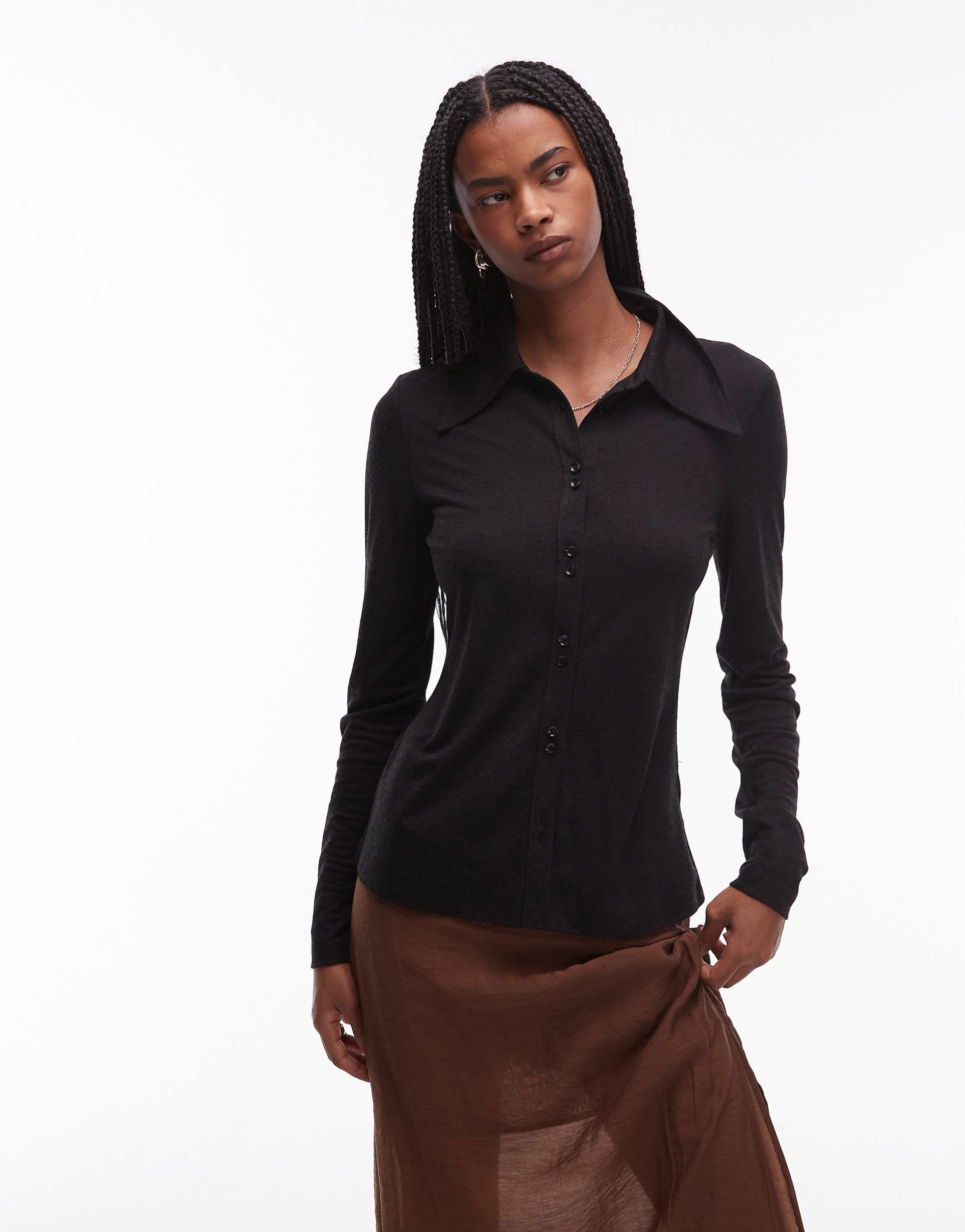 & other stories pointed collar wool jersey knit shirt in black