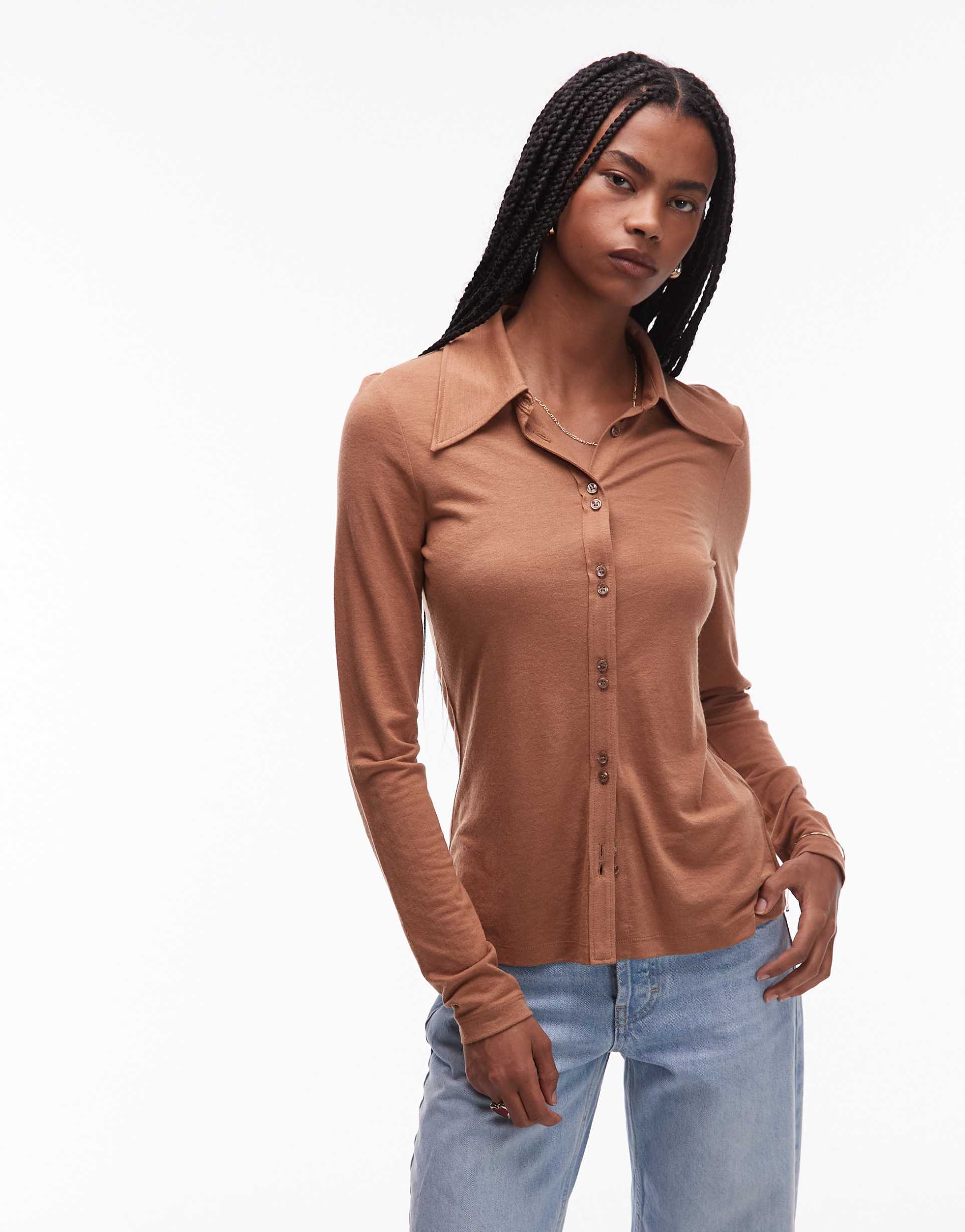 & other stories pointed collar wool jersey knit shirt in mocha brown