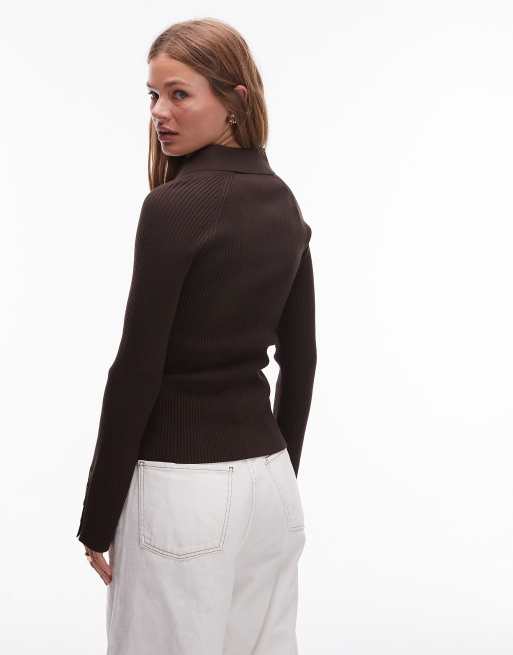 & Other Stories - Polo aderente in maglia a coste mista marrone con colletto, 4 di 4
