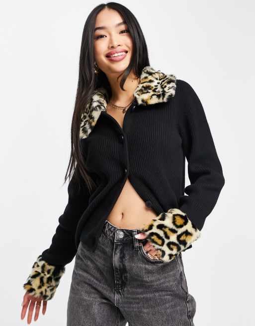 & Other Stories polyamide knitted cardigan with faux fur collar and cuffs  in black - BLACK