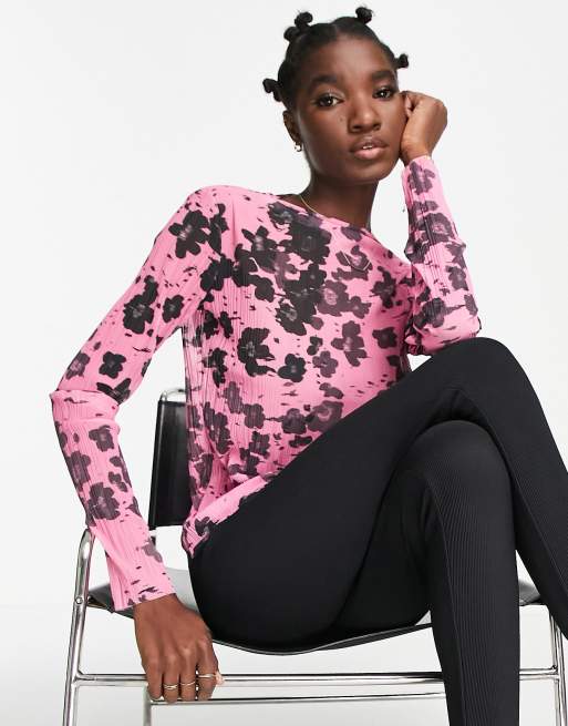  Other Stories polyester long sleeve mesh top in pink floral print - PINK